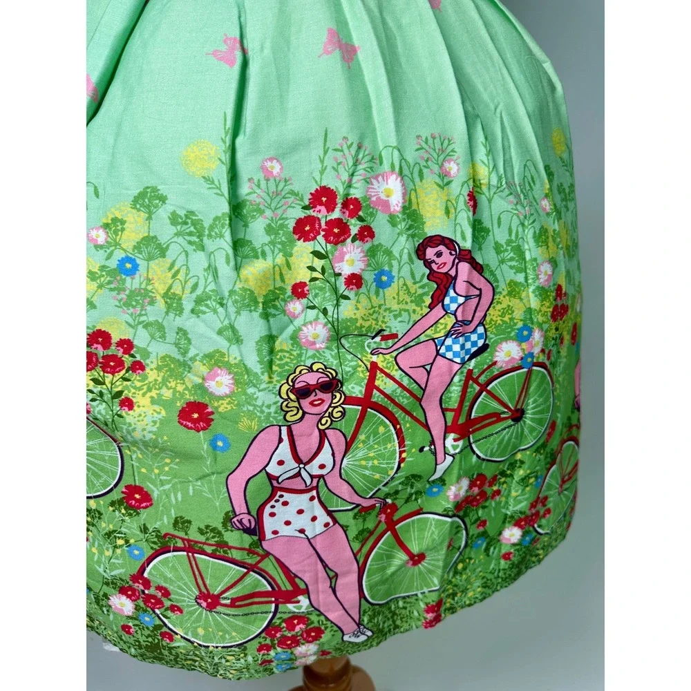 Retro 1950s Style Polka Dot Bicycle Print Swing Dress Green Red Small‎